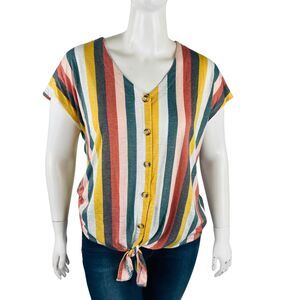 Torrid Womans Sz 2X Blouse Blouse Plus‎ Sz 2X Plus Stripe Short Sleeve Tie